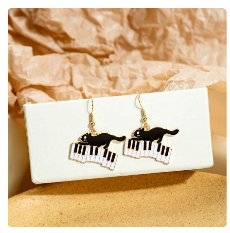 Gold and Enamel Cat Earrings Cat on Keyboard