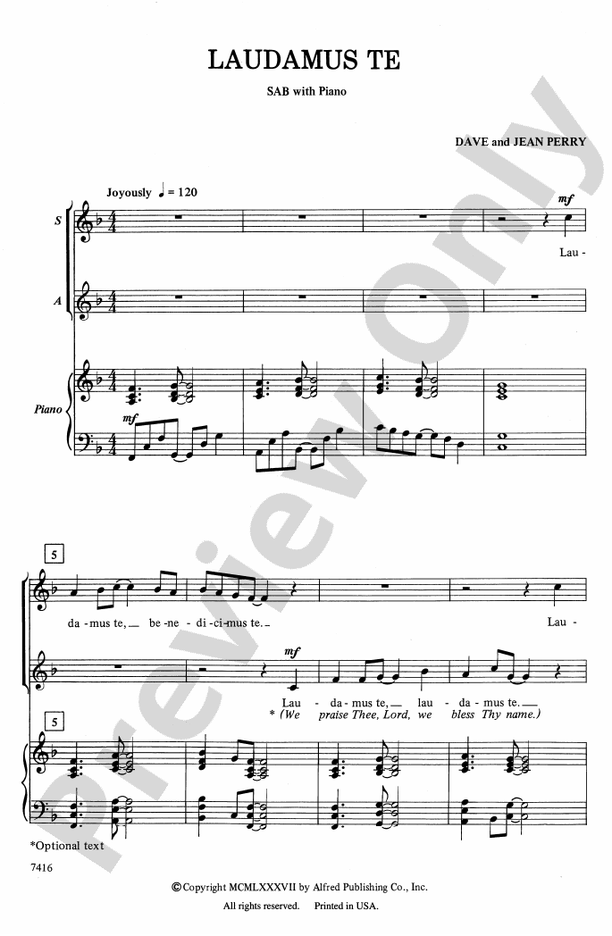 Laudamus Te - Arr. Dave Perry/Jean Perry – 3-Part Mixed Choral Octavo (Digital Download)
