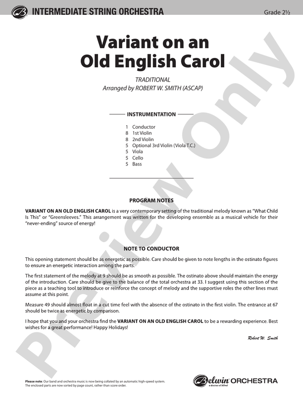 Variant on an Old English Carol – String Orchestra Conductor Score & Parts (Digital Download)