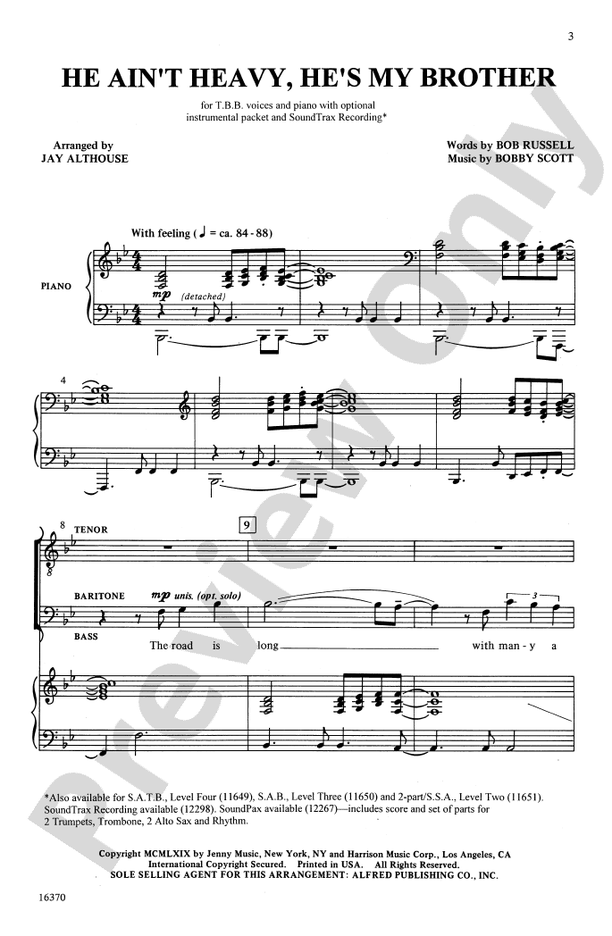 He Ain't Heavy, He's My Brother – TBB Choral Octavo (Digital Download)