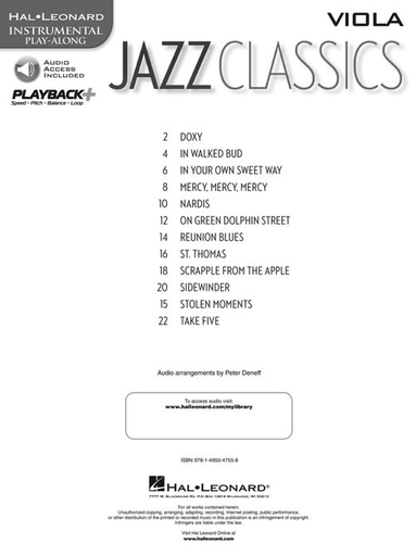 Jazz Classics For Viola Book/Online Audio Access - Viola - Hal Leonard