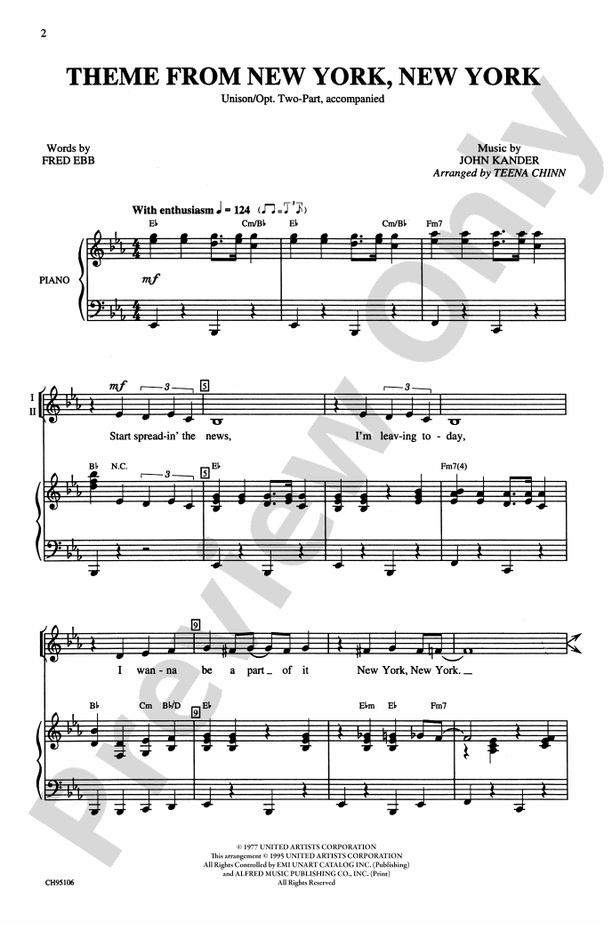 New York, New York, Theme from - Unison / Opt. 2-Part Choral Octavo (Digital Download)