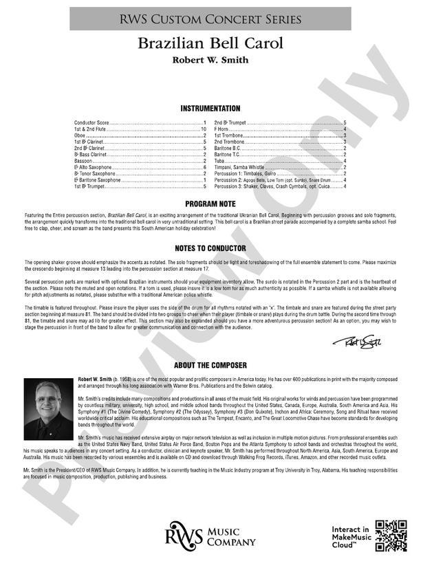 Brazilian Bell Carol - Concert Band Conductor Score & Parts (Digital Download)