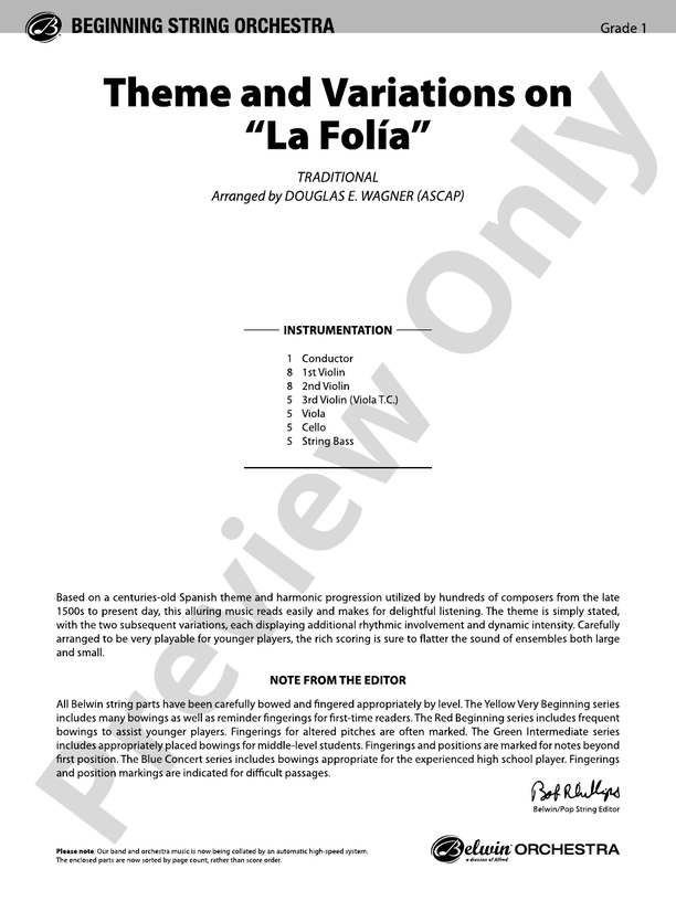 Theme and Variations on "La Folía" – String Orchestra Conductor Score & Parts (Digital Download)