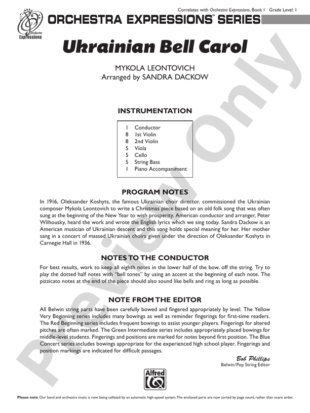 Ukranian Bell Carol – String Orchestra Conductor Score & Parts (Digital Download)