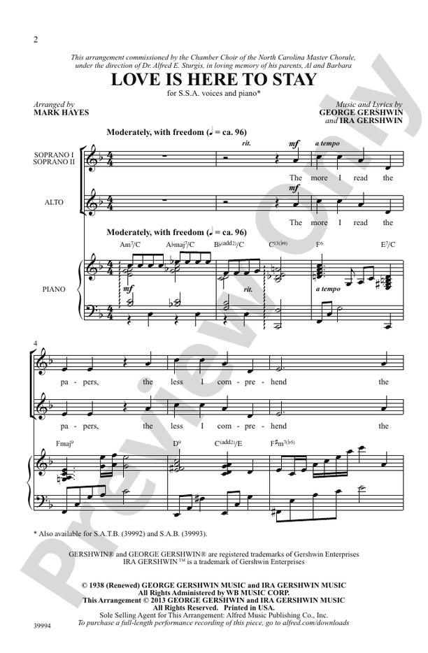 Love Is Here to Stay – SSA Choral Octavo (Digital Download)