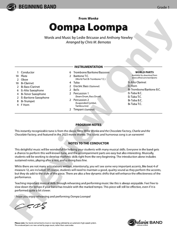 Oompa Loompa – Concert Band Conductor Score & Parts (Digital Download)
