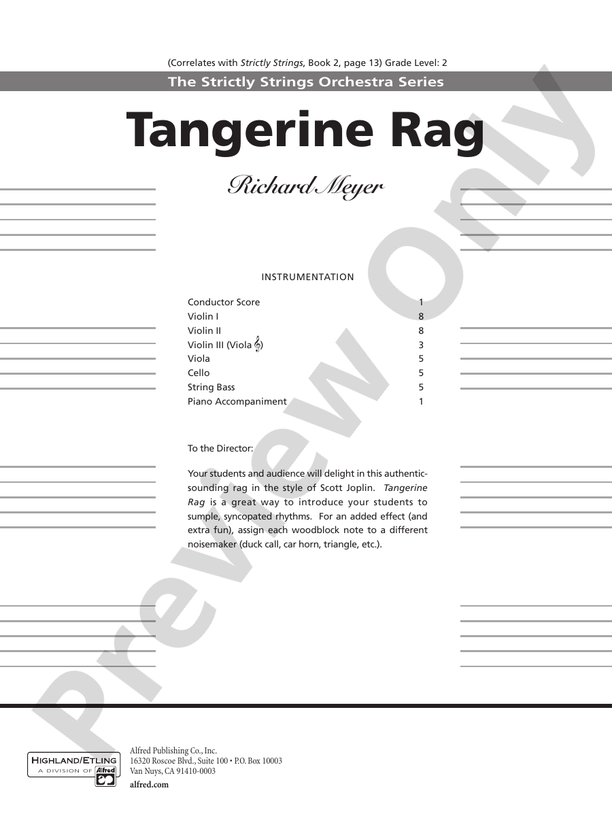 Tangerine Rag – String Orchestra Conductor Score & Parts (Digital Download)