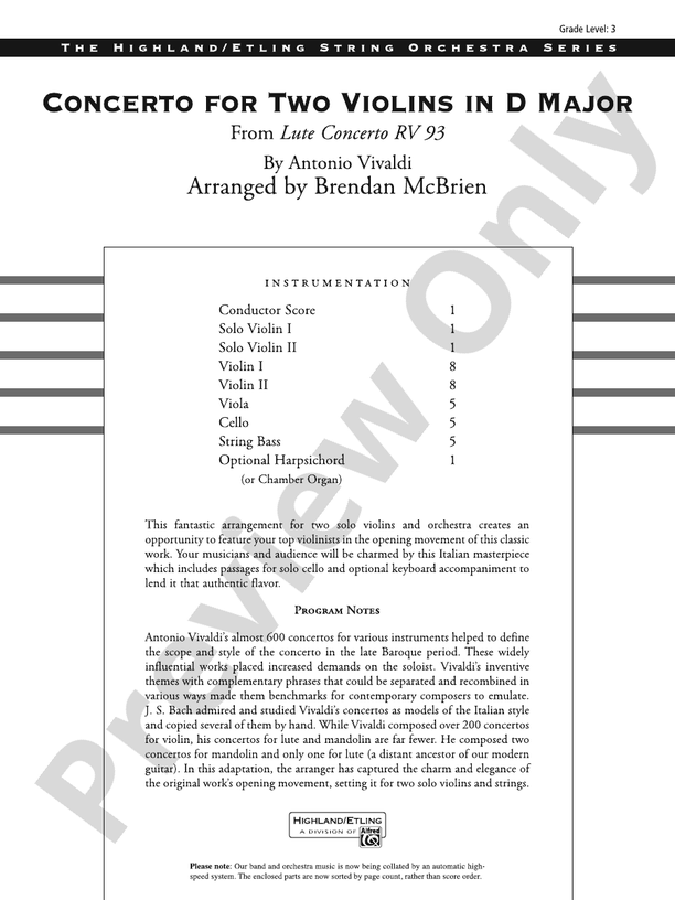Concerto for Two Violins in D Major - String Orchestra Conductor Score & Parts (Digital Download)