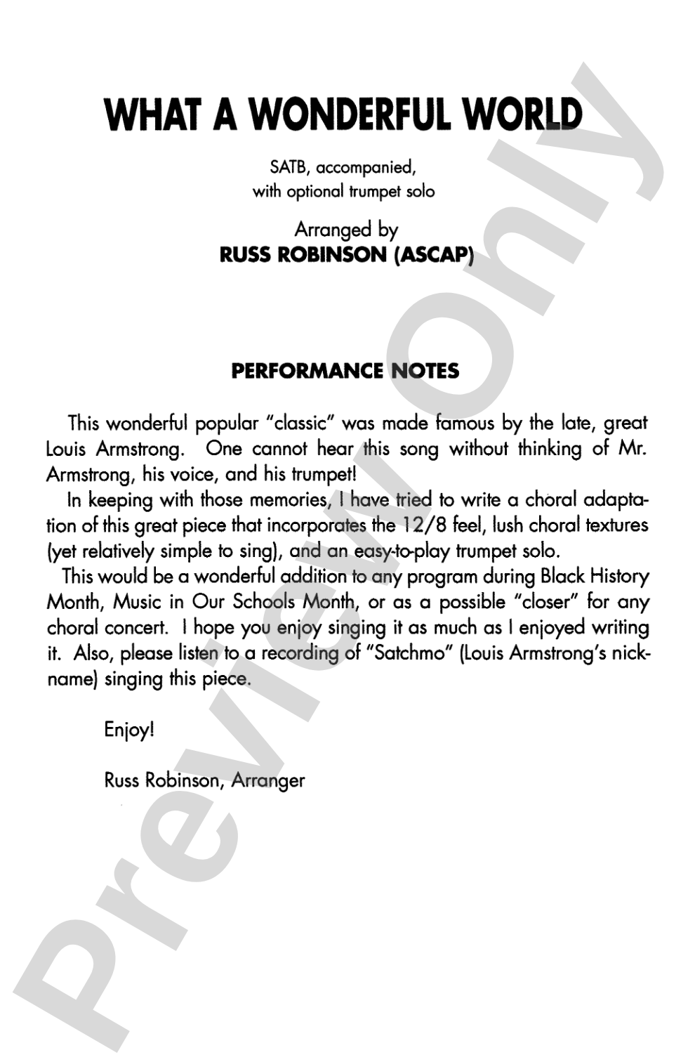 What a Wonderful World - Arr. Russell L. Robinson - SATB Choral Octavo (Digital Download)