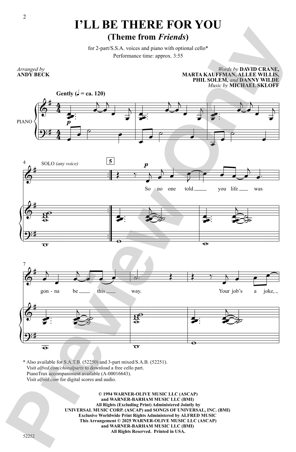 I'll Be There for You - 2-Part/SSA Choral Octavo (Digital Download)