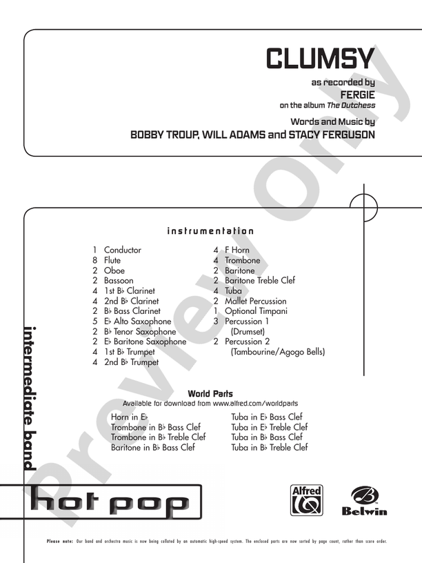 Clumsy (as recorded by Fergie on the album The Dutchess) - Concert Band Conductor Score & Parts (Digital Download)