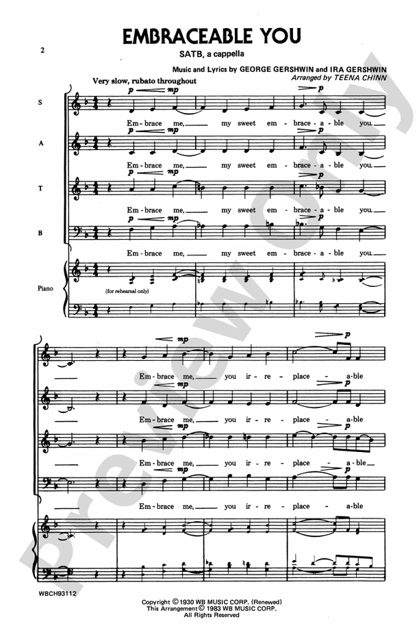 Embraceable You - Arr. Teena Chinn – SATB, a cappella Choral Octavo (Digital Download)