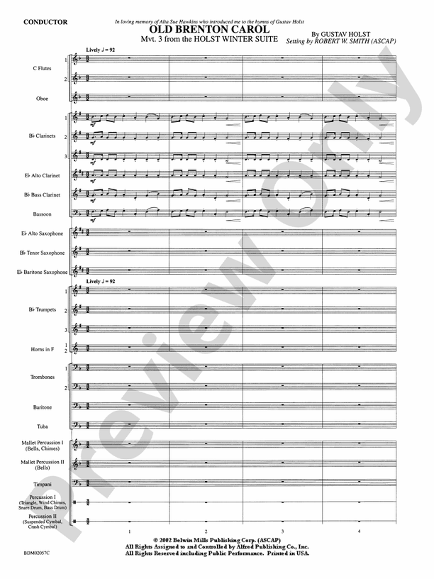 Old Brenton Carol (from the Holst Winter Suite) - Concert Band Conductor Score & Parts (Digital Download)
