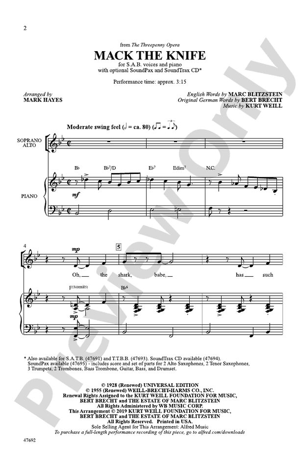 Mack the Knife - Arr. Mark Hayes – SAB Choral Octavo (Digital Download)