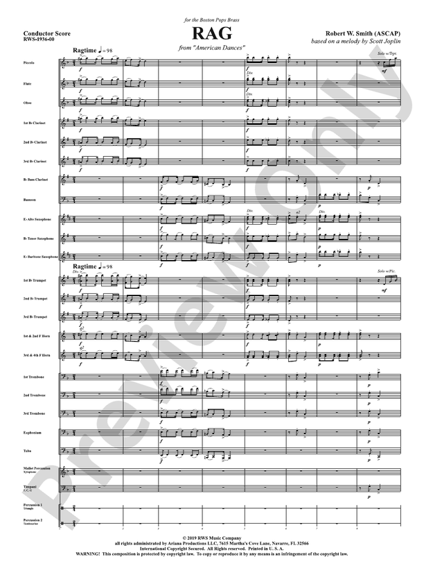 Rag - Mvt. 1 from American Dances - Concert Band Conductor Score & Parts (Digital Download)