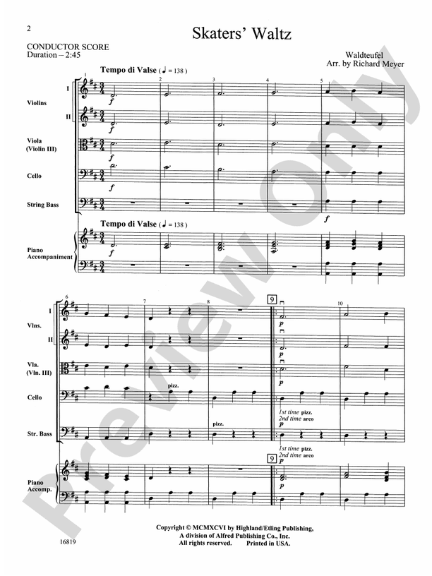 Skaters' Waltz – String Orchestra Conductor Score & Parts (Digital Download)