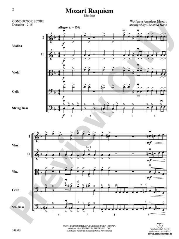 Mozart Requiem -- Dies Irae – String Orchestra Conductor Score & Parts (Digital Download)