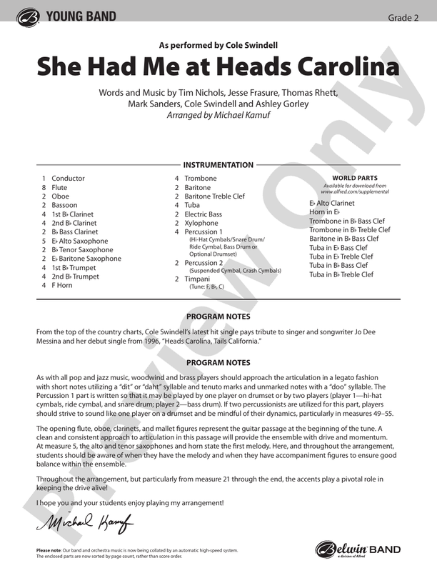 She Had Me at Heads Carolina - Concert Band Conductor Score & Parts (Digital Download)