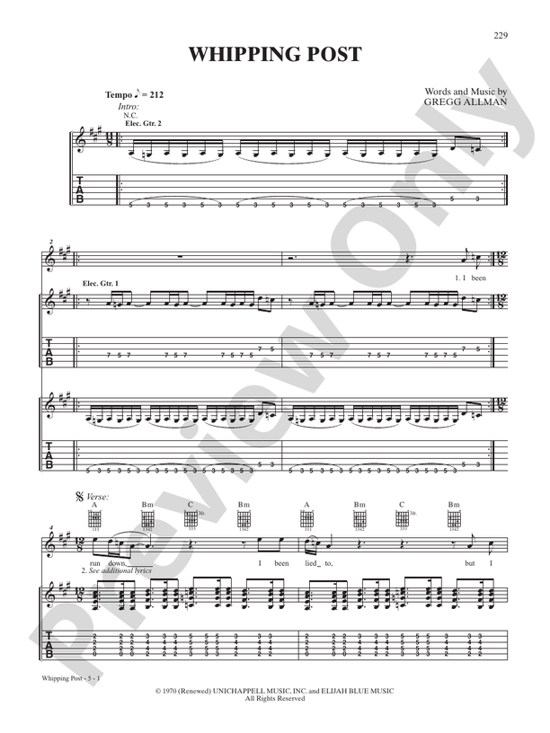 Whipping Post - Interm./Easy Guitar TAB (Digital Download)