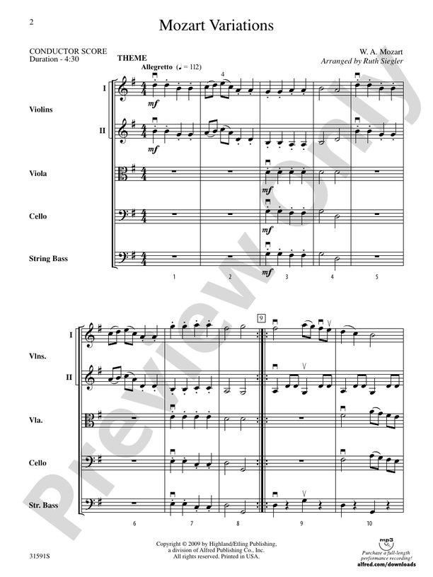 Mozart Variations – String Orchestra Conductor Score & Parts (Digital Download)