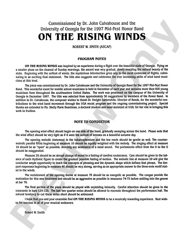 On the Rising Winds - Concert Band Conductor Score & Parts (Digital Download)