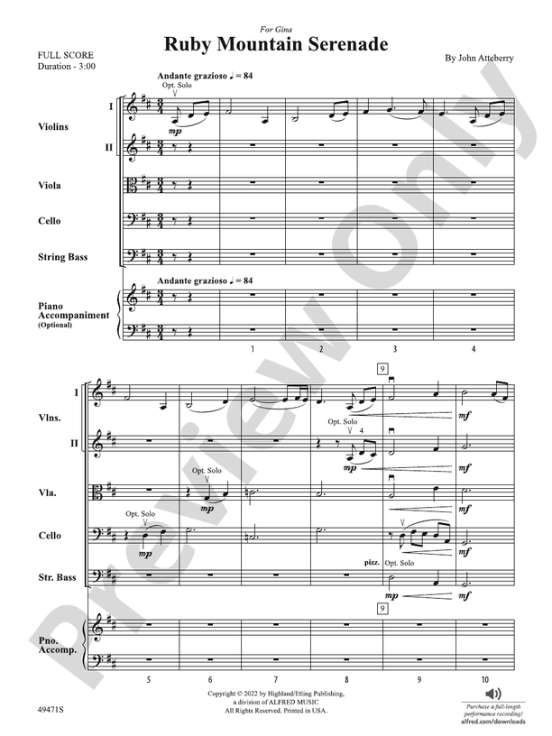 Ruby Mountain Serenade - String Orchestra Conductor Score & Parts (Digital Download)