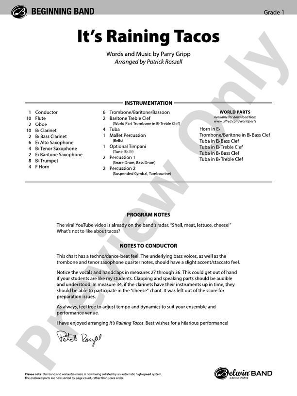 It's Raining Tacos - Concert Band Conductor Score & Parts (Digital Download)