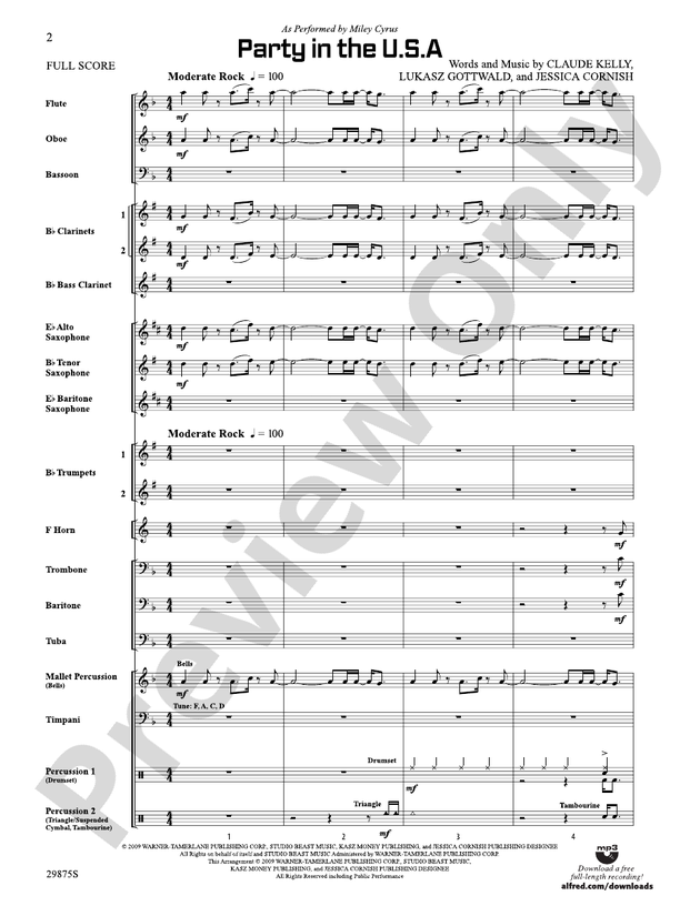 Party in the U.S.A. (Grade 2) - Concert Band Conductor Score & Parts (Digital Download)