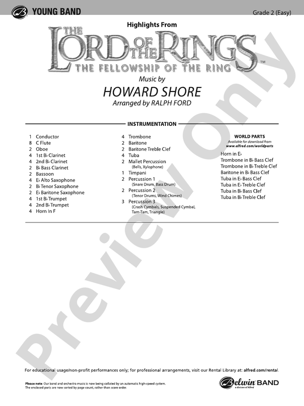 The Lord of the Rings: The Fellowship of the Ring, Highlights from - Concert Band Conductor Score & Parts (Digital Download)