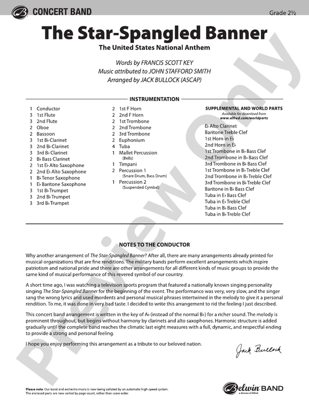 The Star-Spangled Banner (Arr. Jack Bullock) - Concert Band Conductor Score & Parts (Digital Download)