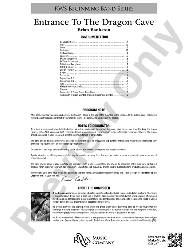 Entrance to the Dragon Cave - Concert Band Conductor Score & Parts (Digital Download)