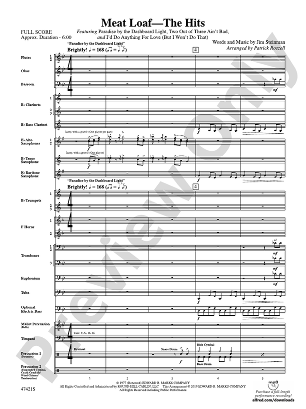 Meat Loaf---The Hits - Concert Band Conductor Score & Parts (Digital Download)