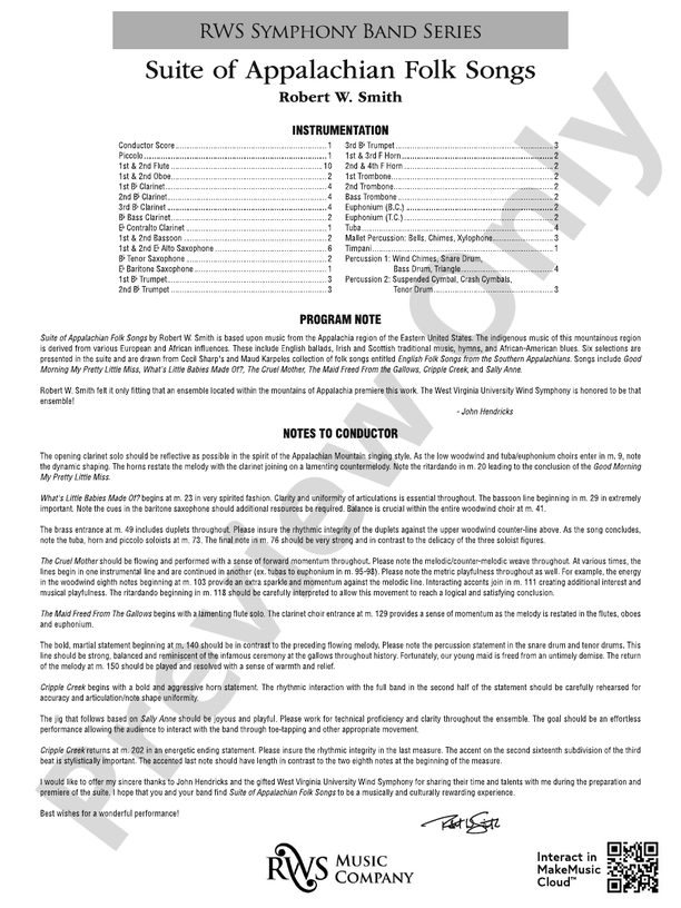 Suite of Appalachian Folk Songs - Concert Band Conductor Score & Parts (Digital Download)