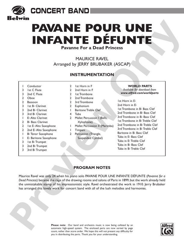 Pavane Pour Une Infante Defunte (Pavanne for a Dead Princess) - Concert Band Conductor Score & Parts (Digital Download)