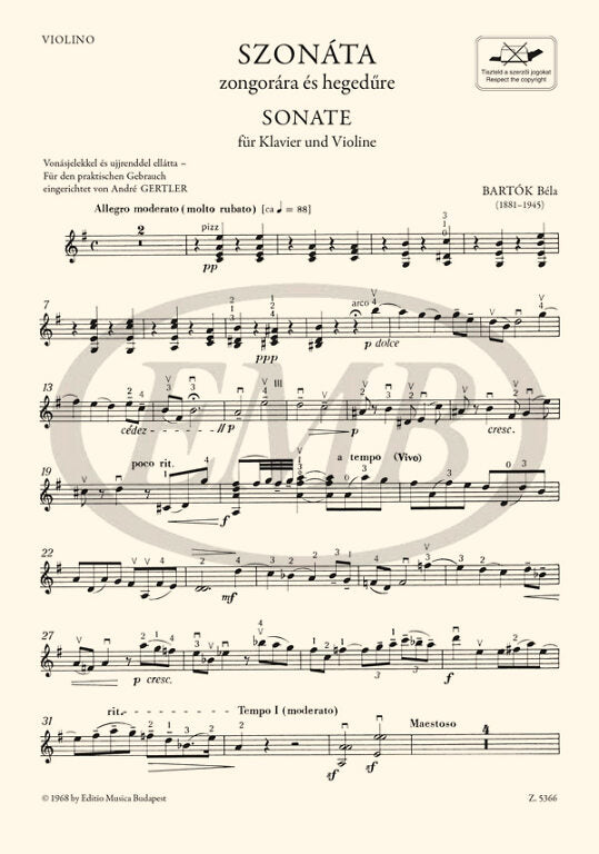 Bartok - Sonata - Violin/Piano Accompaniment edited by Dille EMB Z5366