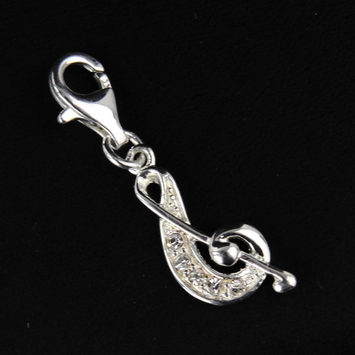 STERLING SILVER CHARM with CRYSTAL G CLEF  OR TREBLE CLEF.  Clip-on