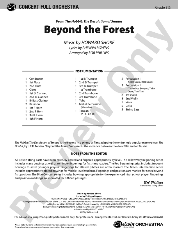 Beyond the Forest (from The Hobbit: The Desolation of Smaug) - Full Orchestra Conductor Score & Parts (Digital Download)