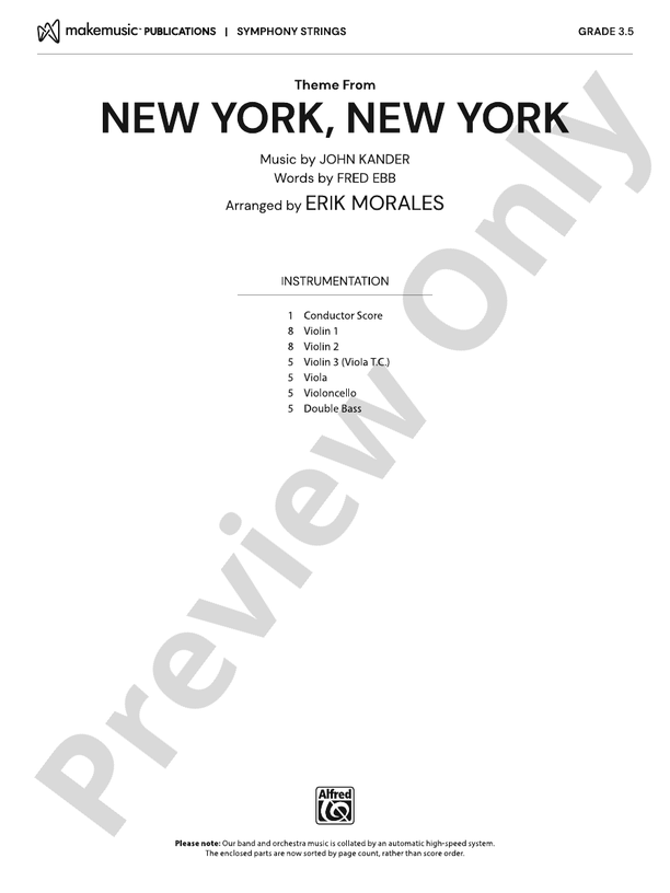 Theme from New York, New York - String Orchestra Conductor Score & Parts (Digital Download)