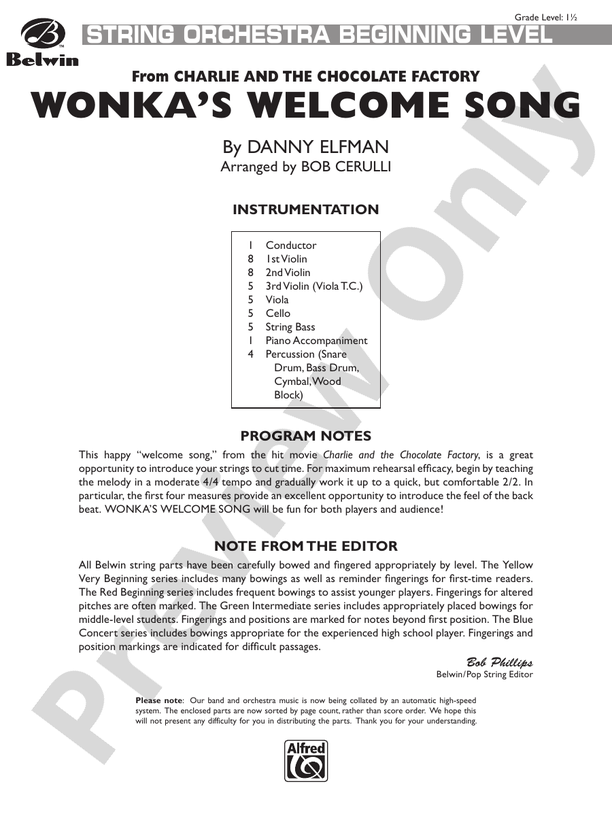 Wonka's Welcome Song (from Charlie and Chocolate Factory) – String Orchestra Conductor Score & Parts (Digital Download)