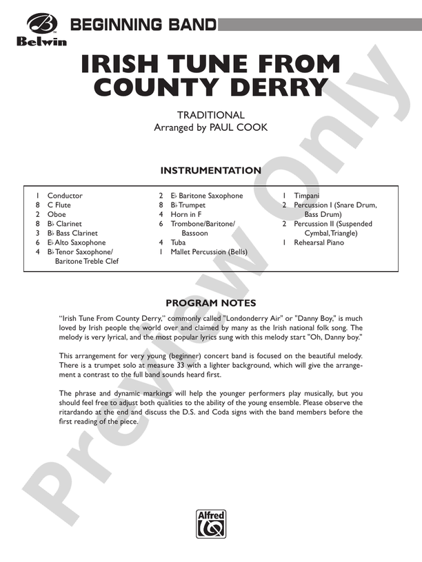 Irish Tune from County Derry - Concert Band Conductor Score & Parts (Digital Download)