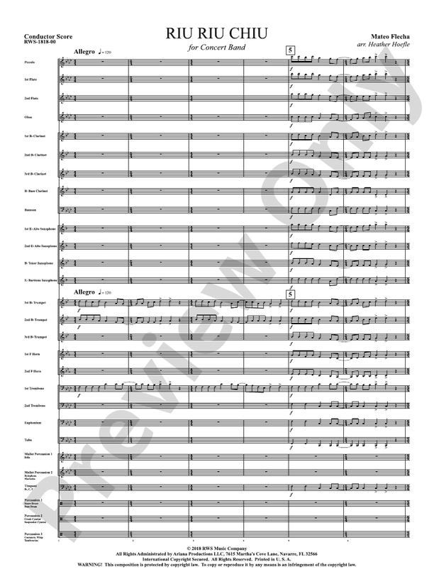Riu Riu Chiu - Concert Band Conductor Score & Parts(Digital Download)