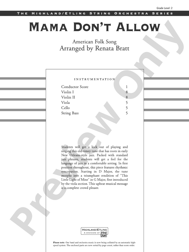 Mama Don't Allow - String Orchestra Conductor Score & Parts (Digital Download)