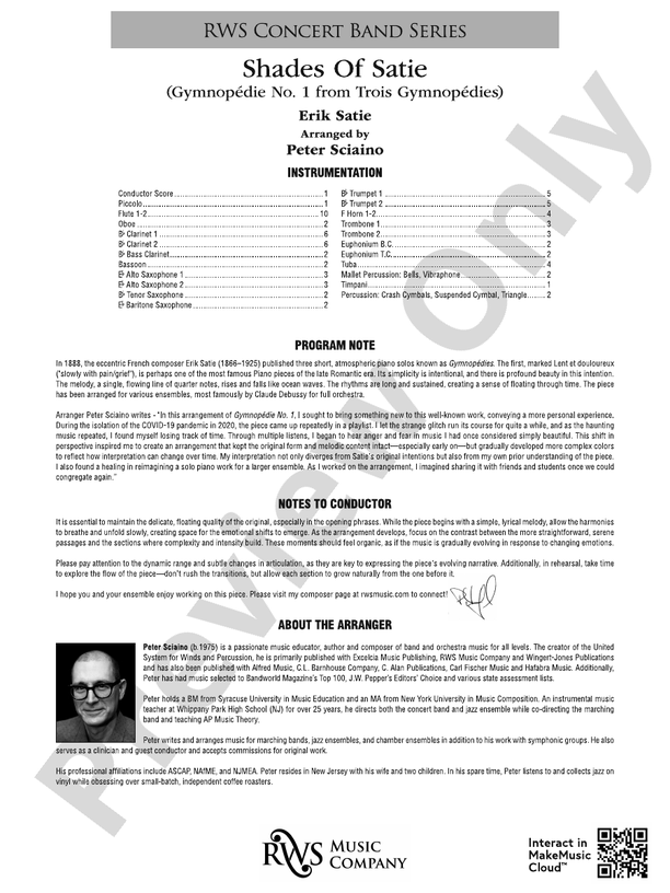 Shades Of Satie (Gymnopedie No. 1 from Trois Gymnopedies) - Concert Band Conductor Score & Parts(Digital Download)