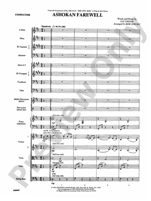 Ashokan Farewell - Full Orchestra Conductor Score & Parts (Digital Download)