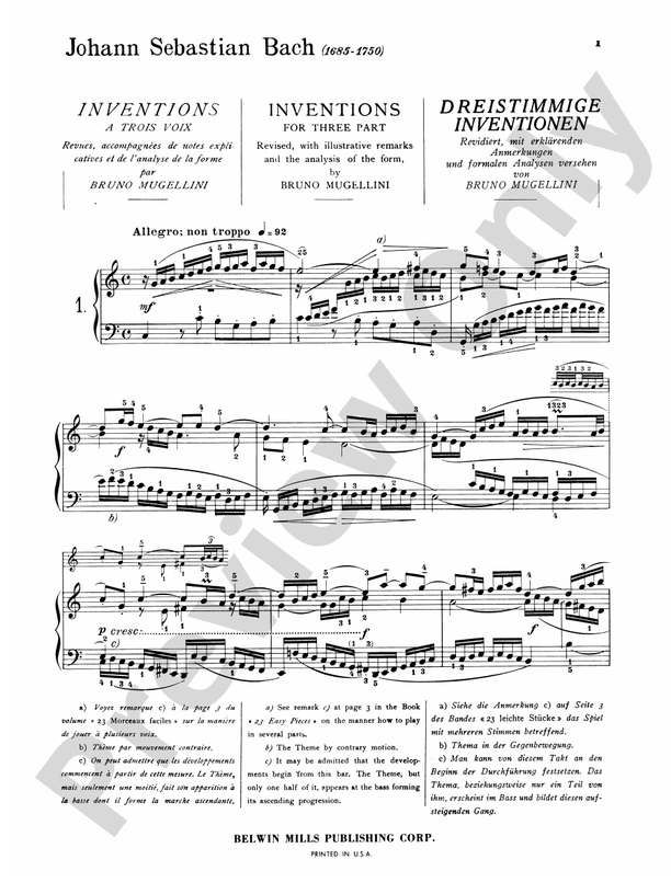 Bach - Three-Part Inventions (Ed. Mugellini) - Piano Solo (Digital Download)