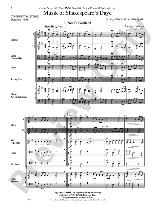 Musik of Shakespeare's Daye – String Orchestra Conductor Score & Parts (Digital Download)