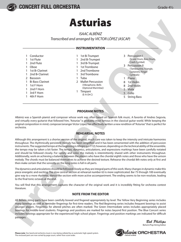 Asturias – Ful Orchestra Conductor Score & Parts (Digital Download)