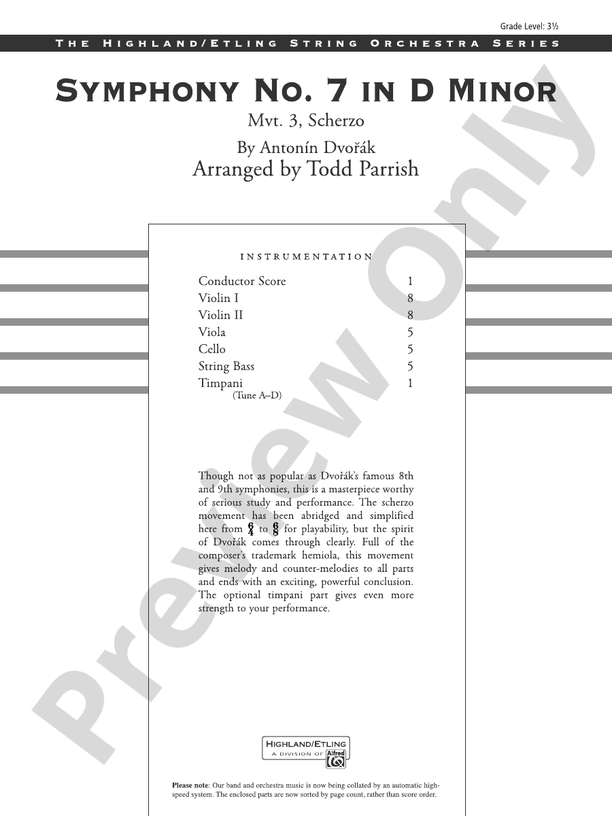 Symphony No. 7 in D Minor - String Orchestra Conductor Score & Parts (Digital Download)