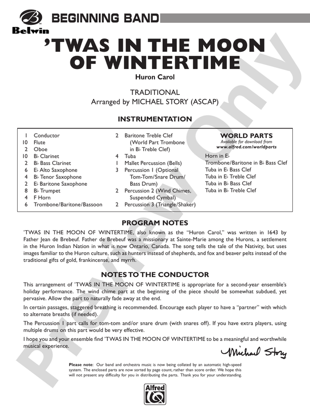'Twas in the Moon of Wintertime - Concert Band Conductor Score & Parts (Digital Download)